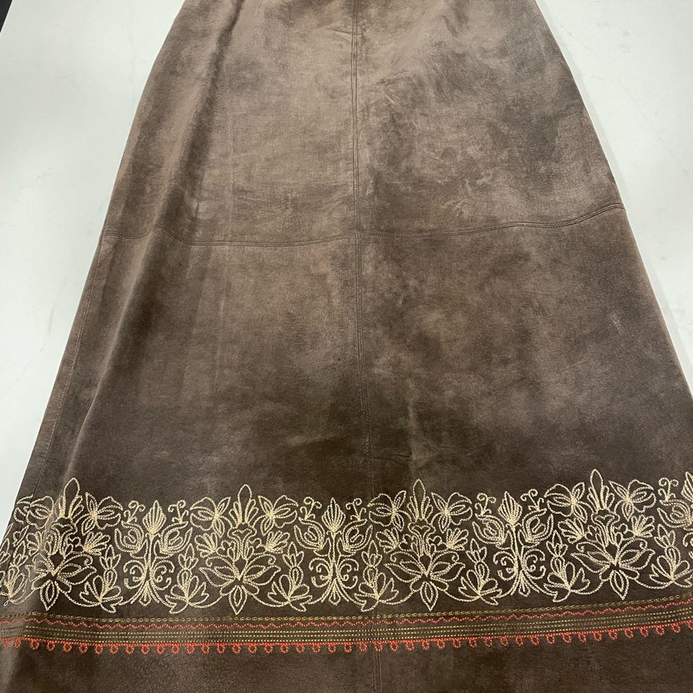 Vintage Brandon Thomas Suede Leather Skirt Embroidered 12 Brown Tan